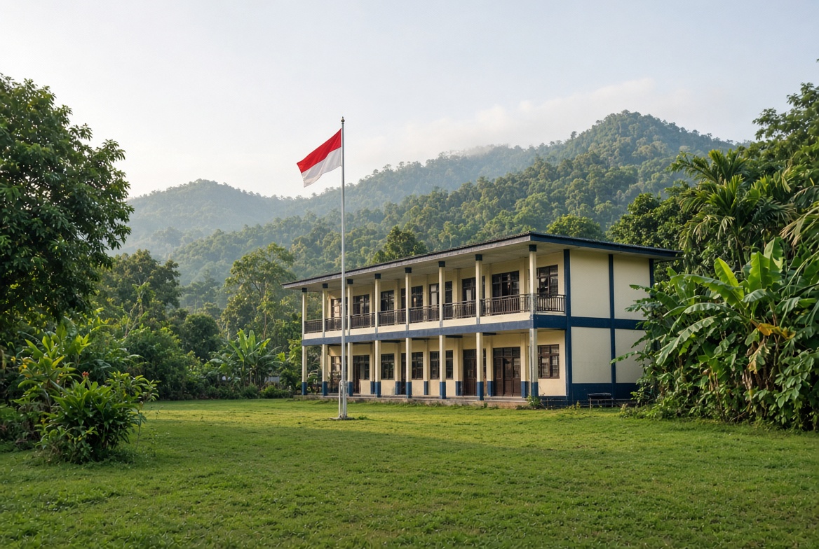 Gedung SMA Negeri 1 Aifat dengan bendera Merah Putih di halaman sekolah, Kecamatan Aifat, Maybrat