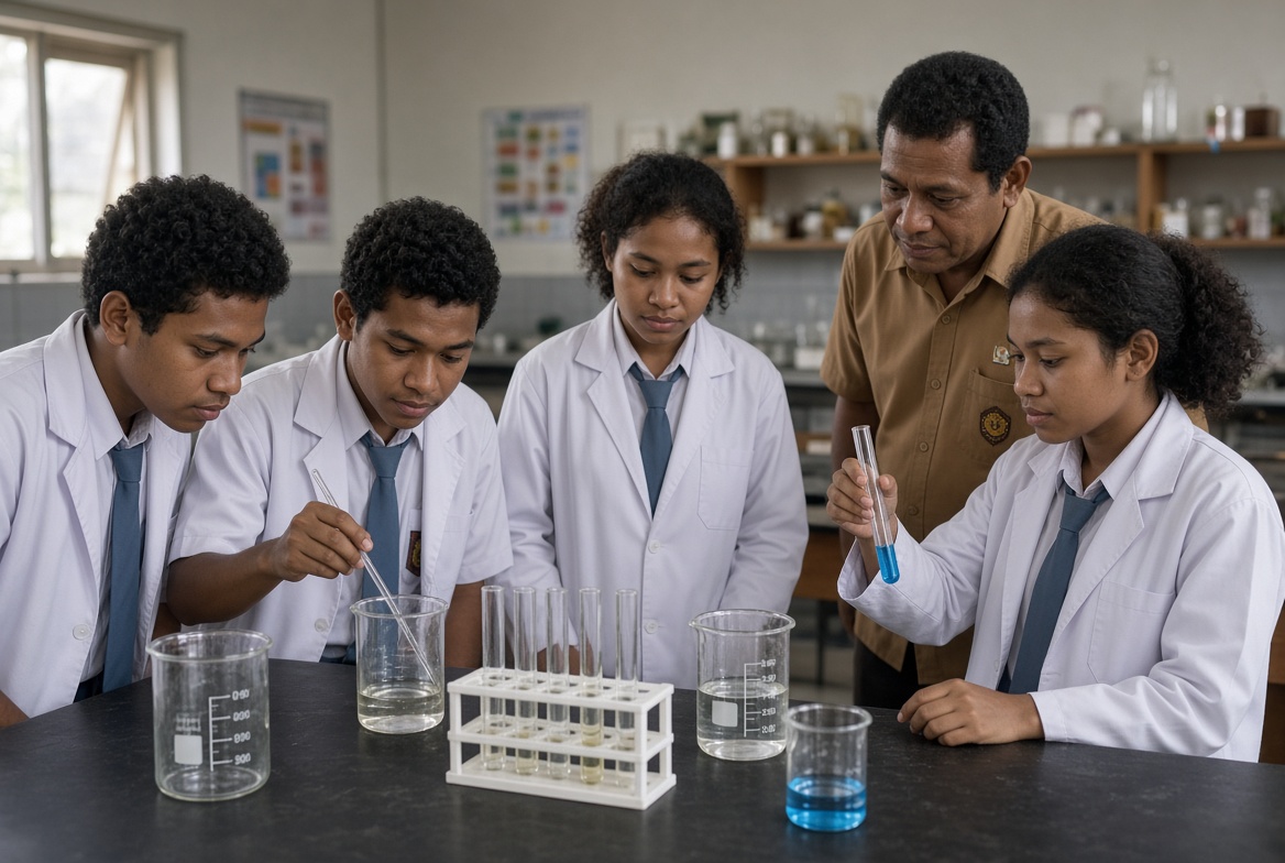Siswa praktikum kimia di laboratorium sekolah