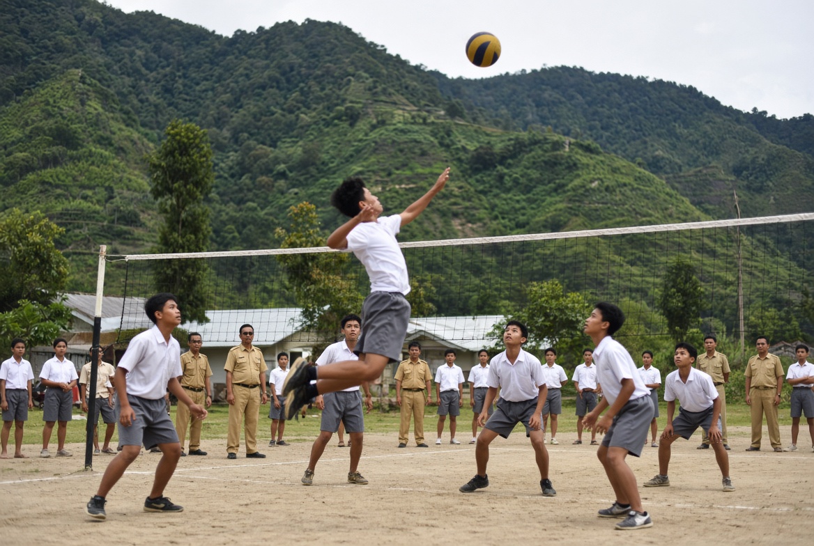Siswa bermain bola voli di lapangan SMA Negeri 1 Aifat